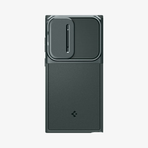 ACS05639 - Galaxy S23 Ultra Case Optik Armor in black showing the back with lens protector slot open